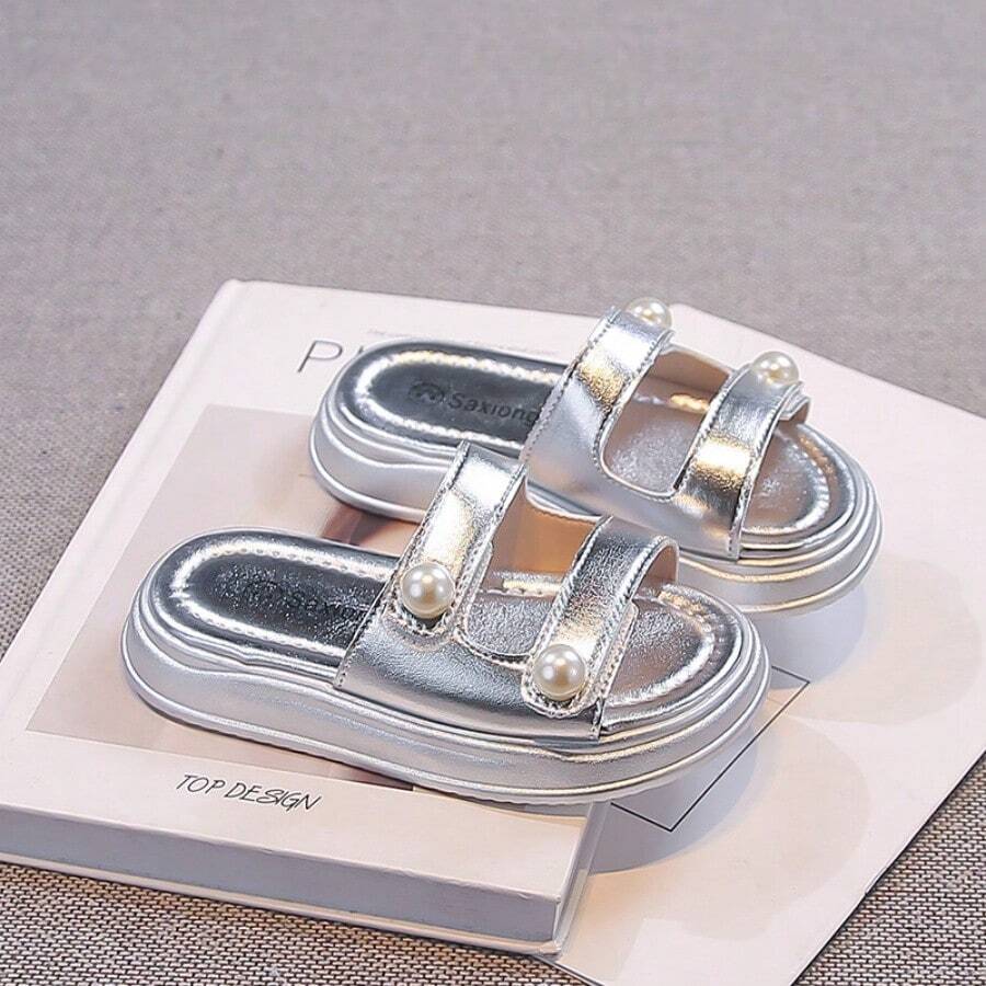 Children's Faux Pearl Decor Fashionable Versatile Daily Wear Slip-On Mules - Silver - View 1