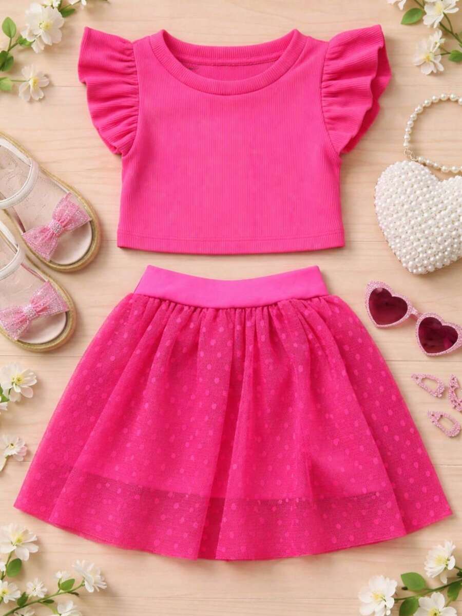 Girls' Outfit Set: Tulle Shorts Skirt With Ruffle And Cropped Top With Ruffled Frills, Pleated, Spring And Summer CJI043 - Pink and Bubblegum Pink - View 1