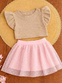 Girls' Outfit Set: Tulle Shorts Skirt With Ruffle And Cropped Top With Ruffled Frills, Pleated, Spring And Summer CJI043 - Baby Pink and Nude - View 1