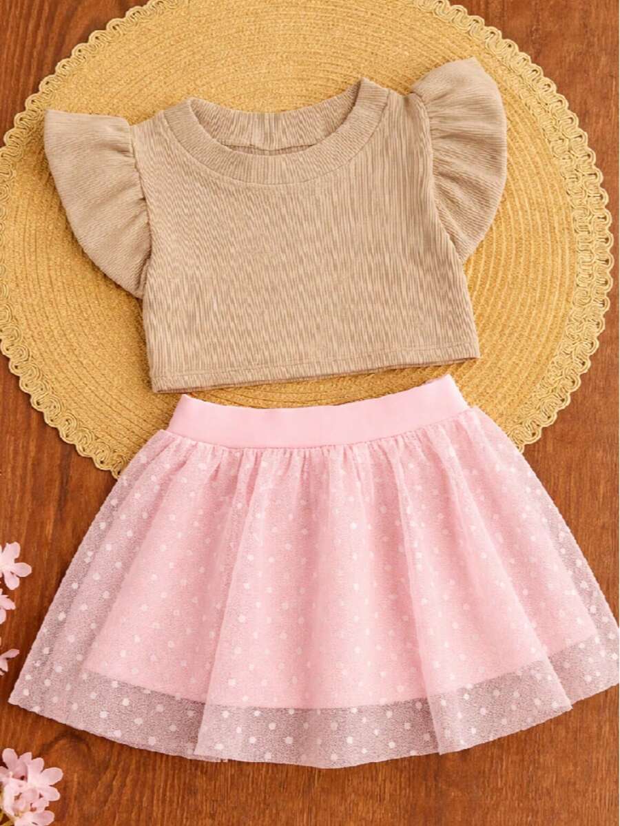 Girls' Outfit Set: Tulle Shorts Skirt With Ruffle And Cropped Top With Ruffled Frills, Pleated, Spring And Summer CJI043 - Baby Pink and Nude - View 1