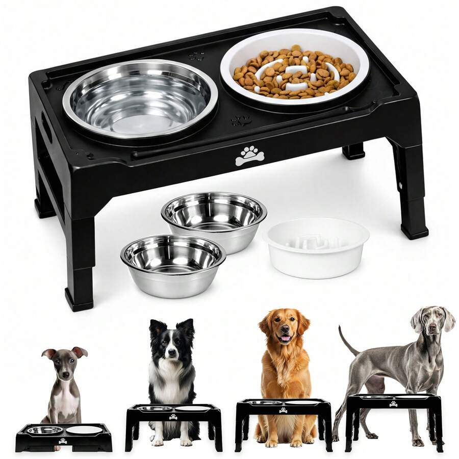 Elevated Dog Feeder With 4 Adjustable Heights, 2 Stainless Steel Dog Bowls, 1 Anti-Gulping Dog Feeder. Suitable For Large And Medium Dogs. Water Bowl With Non-Slip Feet. ALEDAVI - 1100ml - Xem 1