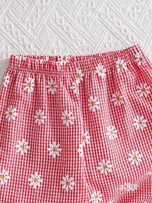 2pcs Girls Daisy Print Plaid Top And Pants Set, Summer - Red - View 7