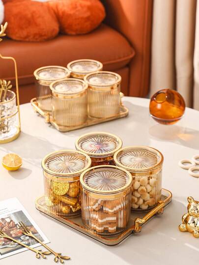 5pcs/Set (1 Tray + 4 Jars) Plastic Multi-Functional Storage Jars, Airtight Seal Containers For Cotton Swabs, Cotton Pads, Toothpicks, Suitable For Weddings, Parties, Gifts, Birthdays