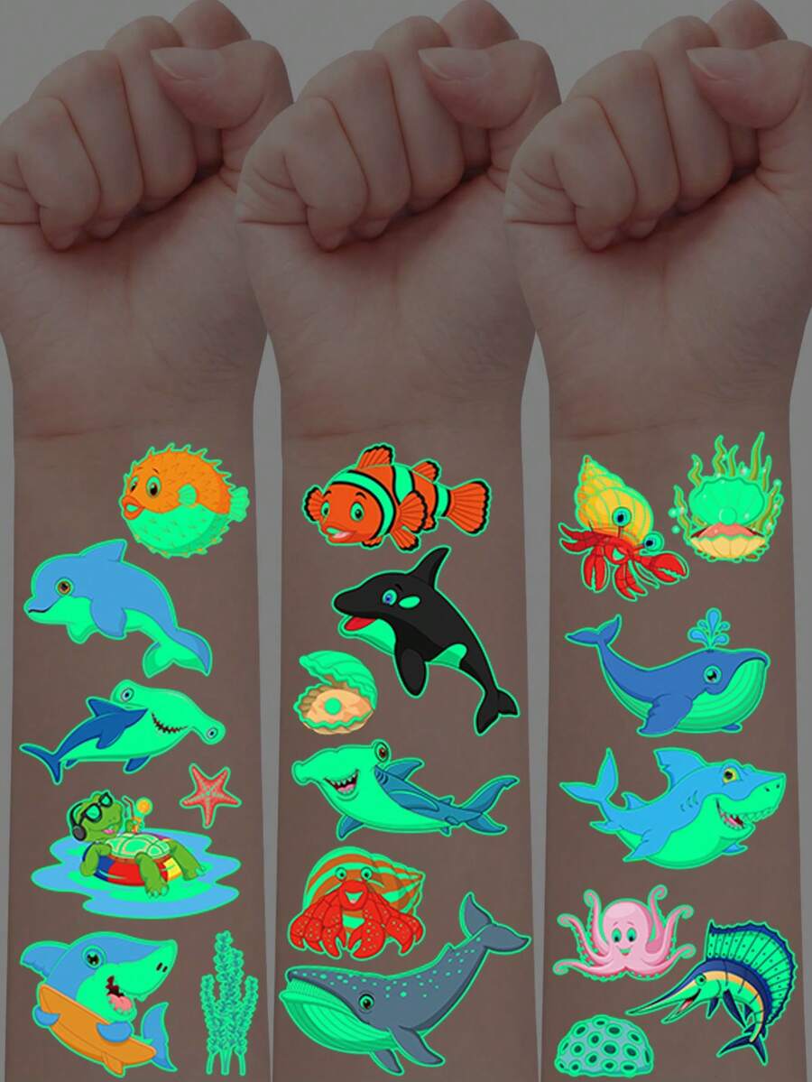 Glow-In-The-Dark Ocean Creatures Temporary Tattoos Stickers - 5 Sheets With 55 Cute Cartoon Fish, Shark, Whale, Dolphin, Turtle, Seahorse, Octopus & Starfish Designs - Perfect For Birthday Parties & Fun Art Projects - Multicolor - View 1