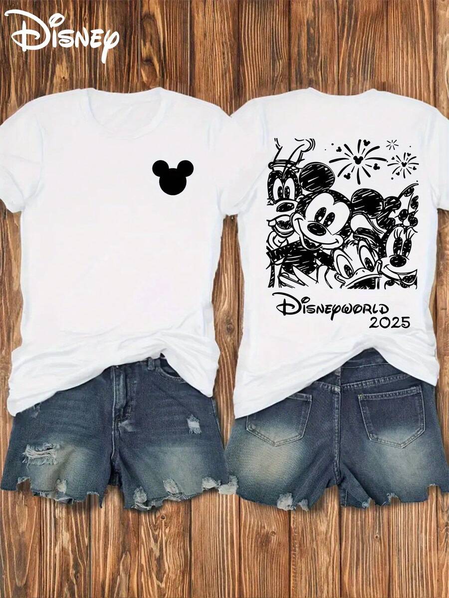Disney Licensed, Double-Sided Printed Soft Stretchy Casual Short-Sleeve Top Featuring Mickey Mouse, Stylish Short-Sleeve Round-Neck T-Shirt For Women - 白色 - 查看 1