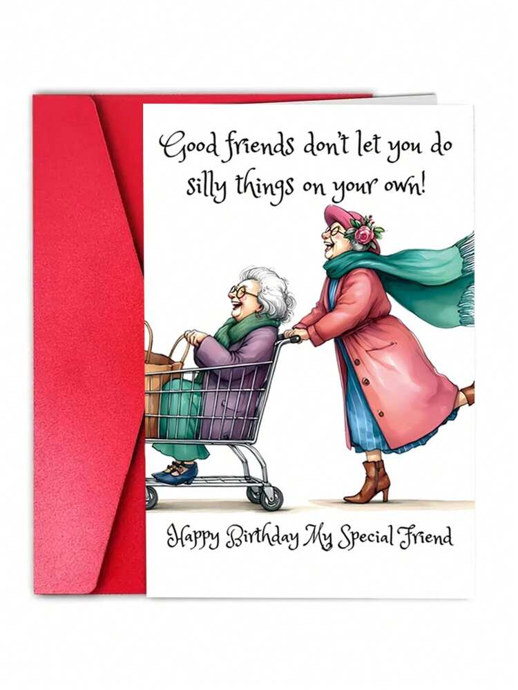 1pc Hilarious "My Mother Wouldn't Let Me Play With You" Birthday Card, Laughing Grannies Cartoon Design With Red Envelope, Ideal Gift For Best Friends & BFFs - View 8