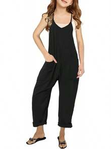 Girls' Casual Sleeveless Jumpsuits Spaghetti Strap Loose Romper Long Pants With Pockets - màu đen - Xem 9