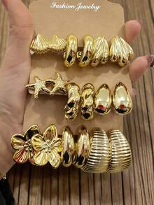 Set de 6/18 piezas de aretes retro de concha/estrella de mar/flor de cinco hojas/en forma de C/gota de agua/rueda grande de CCB dorado, adecuado para vacaciones/festivales/fiestas/bodas/uso diario - Dorado - Ver 1