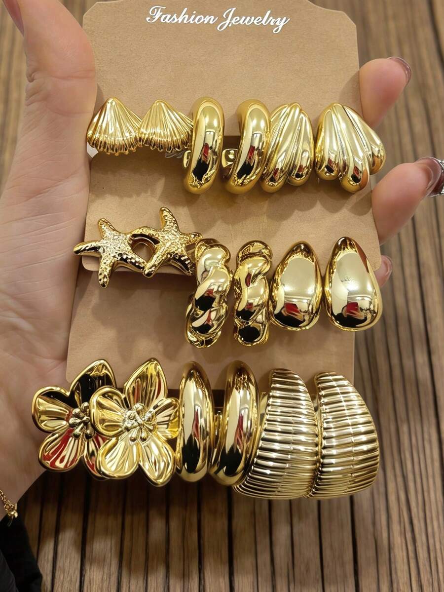 Set de 6/18 piezas de aretes retro de concha/estrella de mar/flor de cinco hojas/en forma de C/gota de agua/rueda grande de CCB dorado, adecuado para vacaciones/festivales/fiestas/bodas/uso diario - Dorado - Ver 1