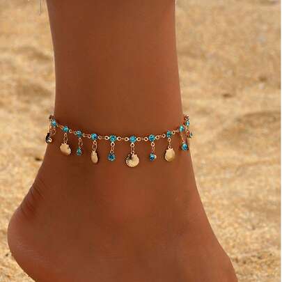 1 Pair Fashionable Beach Blue Zirconia Rhinestone Chain Tassel Scallop Anklet, Luxury Niche Resort Style For Girls