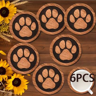 6pcs 2D Printed Paw Design Wooden Coasters, Suitable For Patio, Kitchen, Living Room, Home Gatherings, Dining Table Decor, Gifts For Friends And Family, Ideal For Valentine's Day, Wedding, Birthday, Holiday Party, Home Decor Accessories
