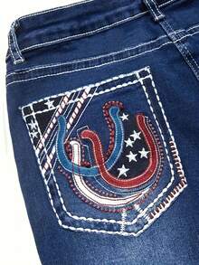 Women's Plus-Size Western Cowboy Style Horseshoe Embroidered Jeans, Featuring Zippered Pockets And Button Details, Suitable For Stage Performances, Concerts, Holidays, School Holidays, The Office, Home Wear, And Autumn/Winter Wear. Embroidered Pocket Flared Jeans, Slimming And Hip-Lifting, Vintage Washed American Casual Style, Solid Color, Zippered Pockets, High-Waisted Slim-Fit Flared Jeans, Horseshoe American Flag Pattern. Vintage Distressed High-Waisted Slightly Flared Jeans. - Rửa tối - Xem 5