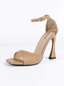 Jin Bei Qi 女士方头纯色踝带露趾户外派对细高跟凉鞋，优雅时尚，适合派对和宴会，浪漫杏色高跟鞋 - 杏色 - 查看 8