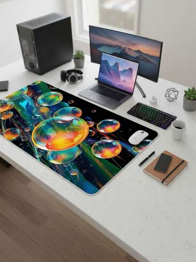 大尺寸鼠标垫，防水防滑光滑布面，全息霓虹泡泡科幻艺术图案，可用作键盘垫、桌面垫或书垫，是游戏玩家、办公室和宿舍的理想之选，兼容鼠标和轨迹球，是送给游戏玩家的绝佳礼物。