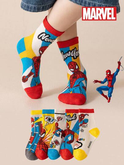 Marvel 5双装儿童超级英雄袜子，男童中筒袜，韩式卡通风格，女童袜子，超级英雄人物袜子，春夏款，漫威袜子