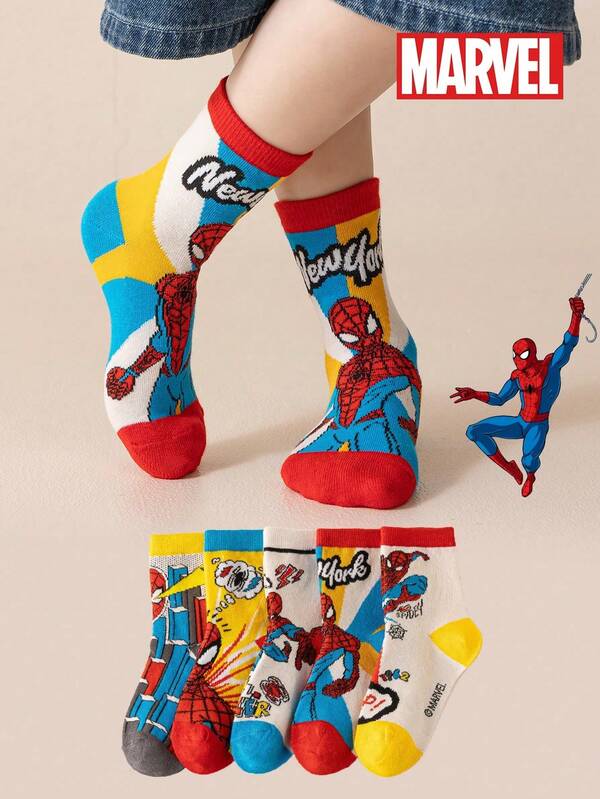 Marvel 5双装儿童超级英雄袜子，男童中筒袜，韩式卡通风格，女童袜子，超级英雄人物袜子，春夏款，漫威袜子
