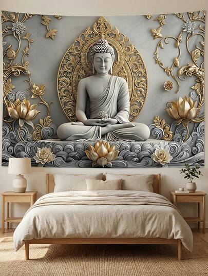 1pc Buddha Statue Party Background Banner, Polyester Durable, For Lotus Buddha Statue Meditation Pattern Decoration, Suitable For Bedroom Living Room Dormitory Buddha Hall, Home Mural Decoration, Outdoor Decoration Items, Horizontal Banner