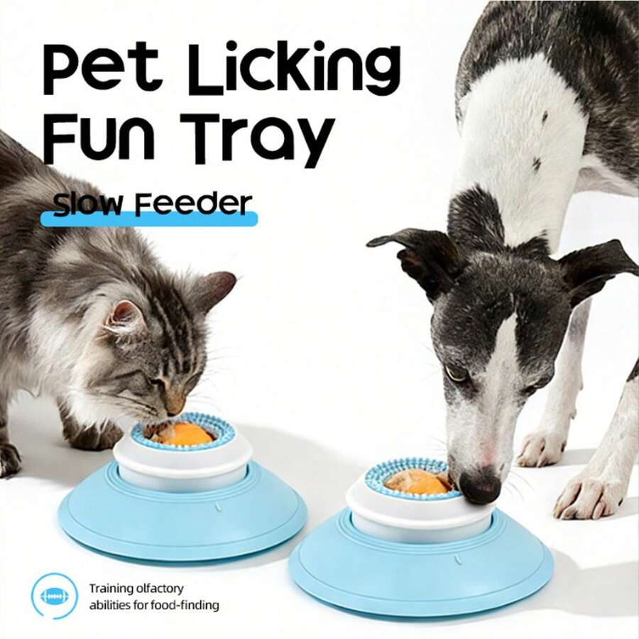 1pc Pet Cleaning Tongue Cleaner Licking Toy Ball - Cat Dog Slow Feeder Anti-Spill Self-Entertainment Toy - Rotating Slow Feeder Licking Plate (Suitable For Liquid Food) - Blue - View 1