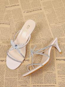 Fashionable Crystal Bow Slip-On High Heel Sandals For Women, Elegant Peep Toe Stiletto Summer Dress Shoes - Beige - View 3