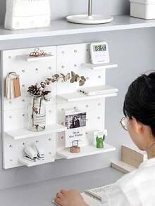 1pc Minimalist Plastic Pegboard Set, Wall Mounted Storage Shelves, Versatile Organizer For Living Room, Kitchen, Bedroom, Dorm, Office, Decoration, Free Assembly - White - View 3