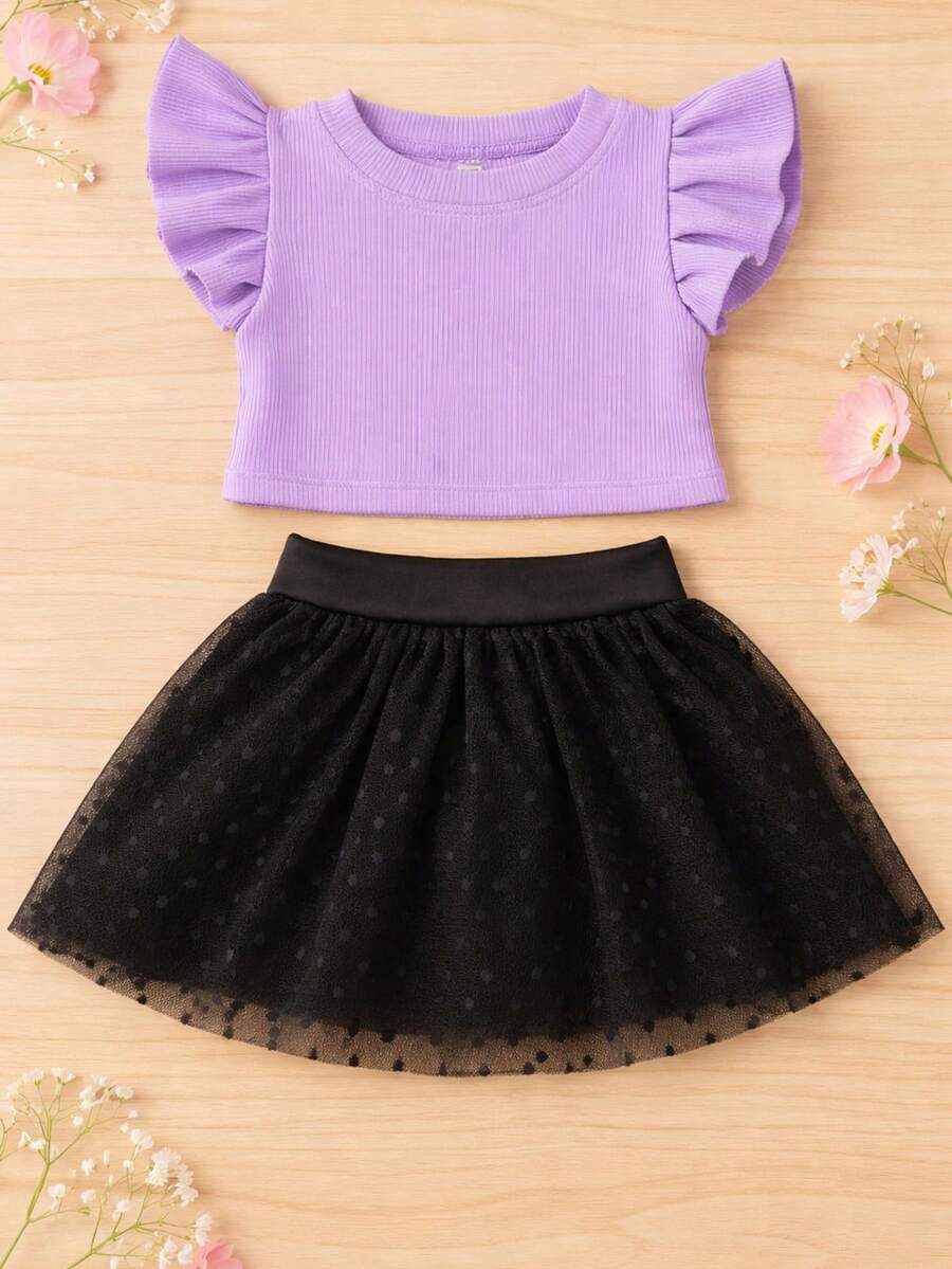 Girls' Outfit Set: Tulle Shorts Skirt With Ruffle And Cropped Top With Ruffled Frills, Pleated, Spring And Summer CJI043 - Black and Lilac - View 1
