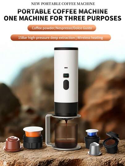 1 pieza Cafetera Espresso portátil NRR, Máquina de café en cápsulas, Cafetera espresso eléctrica compacta con presión de bomba, Compatible con cápsulas NS y café molido, Incluye taza, Adecuada para viajes, coche, caravana, camping, oficina - Cafetera espresso con función de té