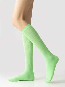 1 Pair Green Vertical Striped Non-Slip Slimming Y2K Style Socks, Unisex Kids Daily Casual School Sports Fitness Fashion Thick Warm Crew Socks, Spring/Summer - Green - View 2