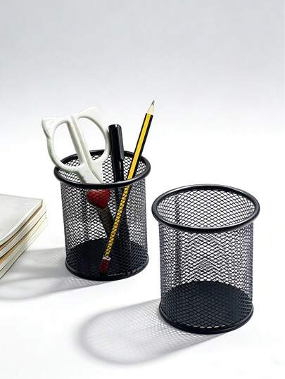 Hộp đựng bút màu đen, thiết kế tròn rỗng, đa chức năng, bằng kim loại, dùng để bàn làm việc, văn phòng phẩm, hộp đựng bút học sinh.