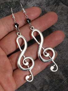 复古哥特摇滚音符和高音谱号串珠Y2K耳环，音乐节耳环，情人节礼物 - 銀色 - 查看 1