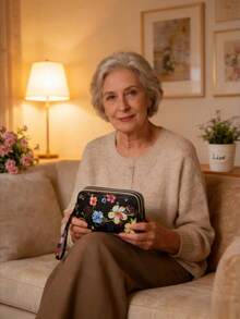 1个新款盛开花朵吉祥妈妈钱包，可装现金、手机、口红、硬币（花朵图案随机）女士钱包手拿包车钥匙可爱复古钱包 - 黑色 - 查看 11