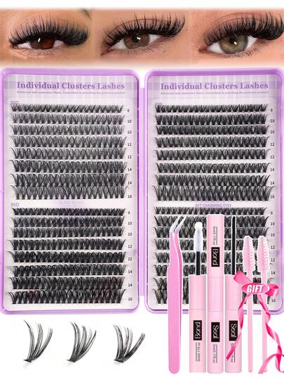 640pcs Fluffy Individual Eyelashes Kit, 30D+40D+50D Natural Wispy Lashes 8-16mm Volume Individual Lashes Kit With Lash Glue, Tweezers, DIY Eyelash Extensions For Beginners