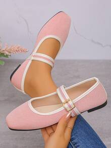 大码 35-43 春秋新款时尚亮片方头平底乐福鞋，休闲软底一脚蹬鞋，适合搭配连衣裙 - 粉紅色細紋布面 - 查看 3