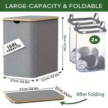 75L/100L/150L [Foldable Laundry Basket] Laundry Basket With Lid And Lining, Large Capacity Covered Laundry Hamper, Dirty Clothes Basket, Includes 2 Detachable Washable Bags, Foldable For Space Saving - 1 - View 3