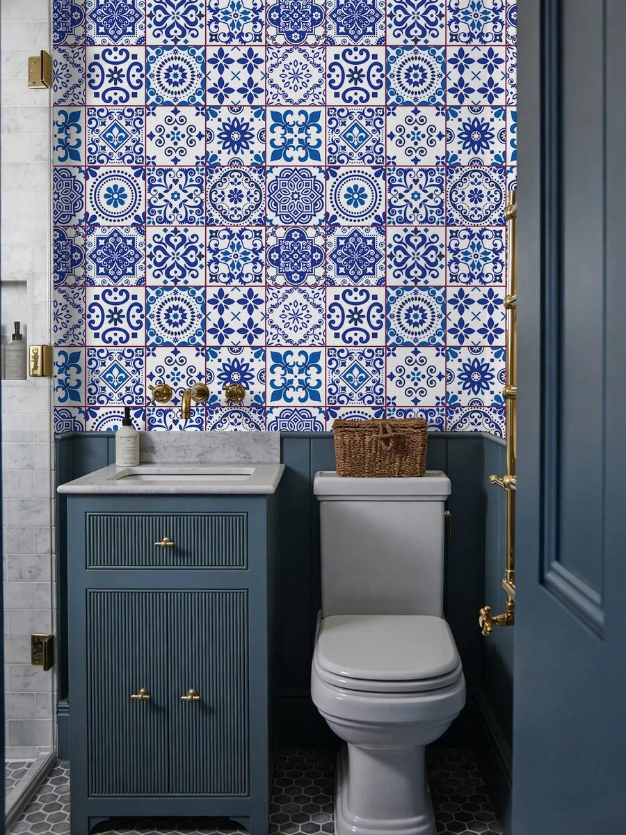 BVL 1卷 0.24毫米 复古蓝白瓷砖图案 摩洛哥风格 乙烯基壁纸 可剥离粘贴 可移除 自粘墙纸 装饰墙贴 家居装饰及配件 厨房壁纸