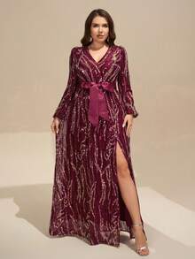YISIKADO Đầm dạ hội dài tay cổ chữ V chéo, đính sequin, cỡ lớn dành cho nữ, thích hợp cho đám cưới hoặc tiệc tùng. - Màu Đỏ Sâu - Xem 1
