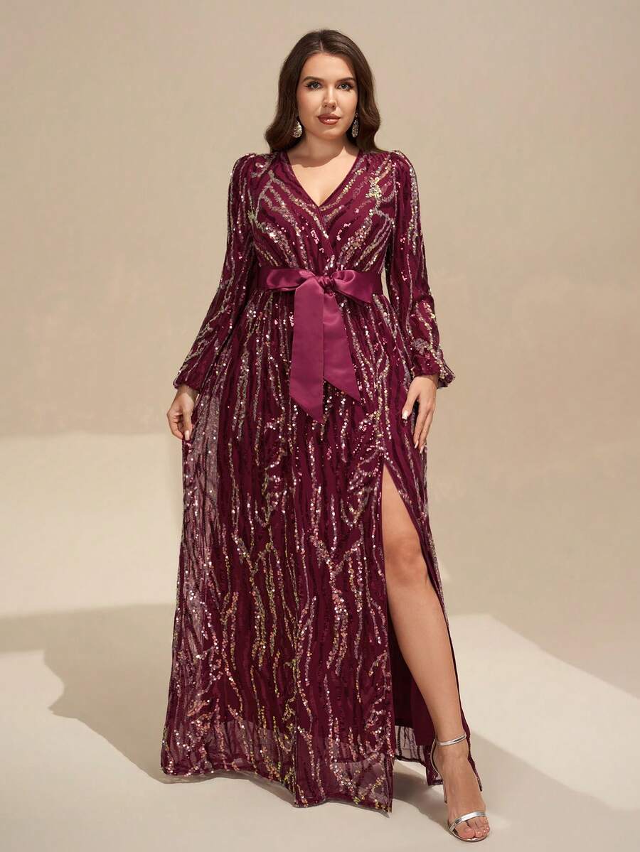 YISIKADO Đầm dạ hội dài tay cổ chữ V chéo, đính sequin, cỡ lớn dành cho nữ, thích hợp cho đám cưới hoặc tiệc tùng. - Màu Đỏ Sâu - Xem 1