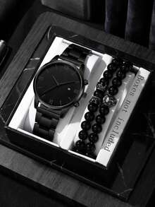 3件套男士不锈钢石英表带组合套装，商务复古罗马数字刻度简约表盘，带日历功能，适合日常佩戴、派对装饰、父亲节、生日等节日，是送给朋友和父亲的理想礼物。 - 彩色 - 查看 1