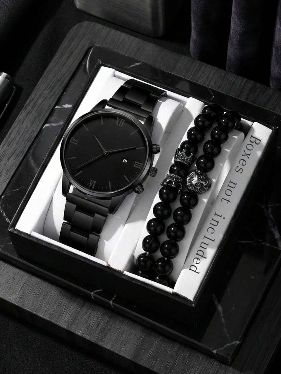 3件套男士不锈钢石英表带组合套装，商务复古罗马数字刻度简约表盘，带日历功能，适合日常佩戴、派对装饰、父亲节、生日等节日，是送给朋友和父亲的理想礼物。 - 彩色 - 查看 1