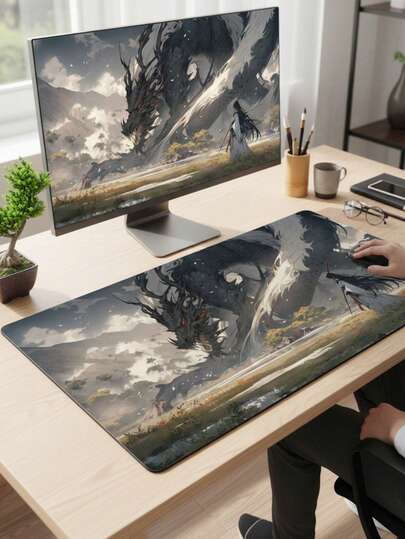 Large Size Mouse Pad, Waterproof Non-Slip Smooth Cloth Surface, Chinese Ink Painting Dragon Warrior Illustration Design, Also Suitable As Keyboard Pad, Desk Mat Or Book Stand, Fit For Gamers, Office And Dorm Use, Computer, Office And Gaming Environment, Gift For Gamers, Compatible With Mouse And Trackball