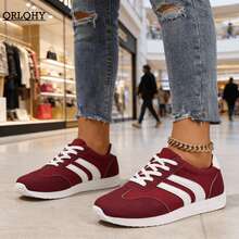 1 双女式轻便休闲运动鞋，平底系带舒适步行鞋 - 紅色 - 查看 4