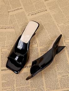 Women's Black Square Toe High Heel Slip-On Sandals, Casual Versatile Open Heel Mules - Black - View 3