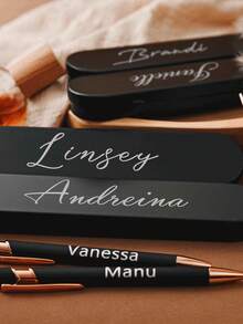 Customized Text Touch Ballpoint Pen Box Set, Rectangular Tin Pencil Case, Stationery Box With Connected Flip Cover - Black - View 4