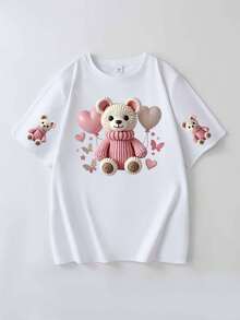 Women's Cute Teddy Bear & Balloon Print Short Sleeve T-Shirt Casual - White - View 4