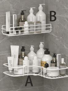 1pc No Drill Bathroom Shelf, Wall Mounted Shower Caddy, Corner Rack, Wall Hanging Storage Unit, Suitable For Kitchen, Home And Bathroom Decor, Storing Shampoo Etc.; Autumn Decor, Back To School Bathroom Accessory - White - View 2