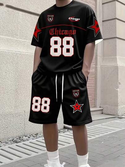 Chicago 88 Star Men's 2 Pieces Set - Chicago Pattern T-Shirt With Red Accents + Shorts, Made Of Lightweight Polyester Knit Fabric Suitable For Everyday And Special Occasions, An Ideal Gift For Sports Fans