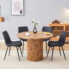 Minimalist Set Consisting Of A Round Table And Four Chairs. Round Table In MDF, 100 Cm In Diameter, With A Wood-Look Finish. Matching Chairs Upholstered In Black Faux Leather (PU). - Black - View 1