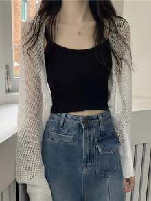 1 chiếc áo khoác cardigan dệt kim khoét lỗ màu trơn, tay dài, kiểu khăn choàng, chống nắng, có thể phối với mọi trang phục, tôn dáng, rất cần thiết cho các buổi đi chơi, thời trang và đa năng, thích hợp làm quà tặng cho bạn gái, bạn bè, phụ kiện nữ, quà tặng thú vị, quà tặng cá nhân hóa, quà tặng chu đáo - Màu be - Xem 3