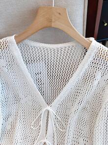 Áo khoác cardigan dệt kim khoét lỗ mùa hè dành cho nữ, kiểu dáng buộc dây phía trước, họa tiết bướm thanh lịch, duyên dáng và đa năng. - trắng - Xem 4