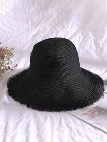1pc Women's Straw Hat, Large Brim Sun Hat For Beach, Travel, Vacation, UV Protection, Spring/Summer - Black - View 4