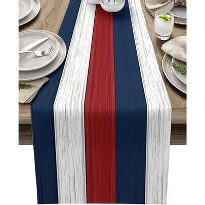 1pc 4th Of July Table Runner - Red White & Blue  Rustic Wood Texture Polyester Tablecloth, 13x72 Inch Farmhouse Decor For Indoor/ Outdoor Kitchen Dining, Summer Holiday Party, Machine Washable & Wrinkle-Resistant, Farmhouse Kitchen Decor